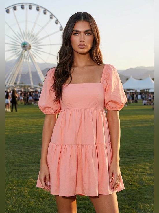 Hunter & Brown Dresses & Skirts - Hunter & Brown Pink Puff Sleeve Tiered Mini Dress